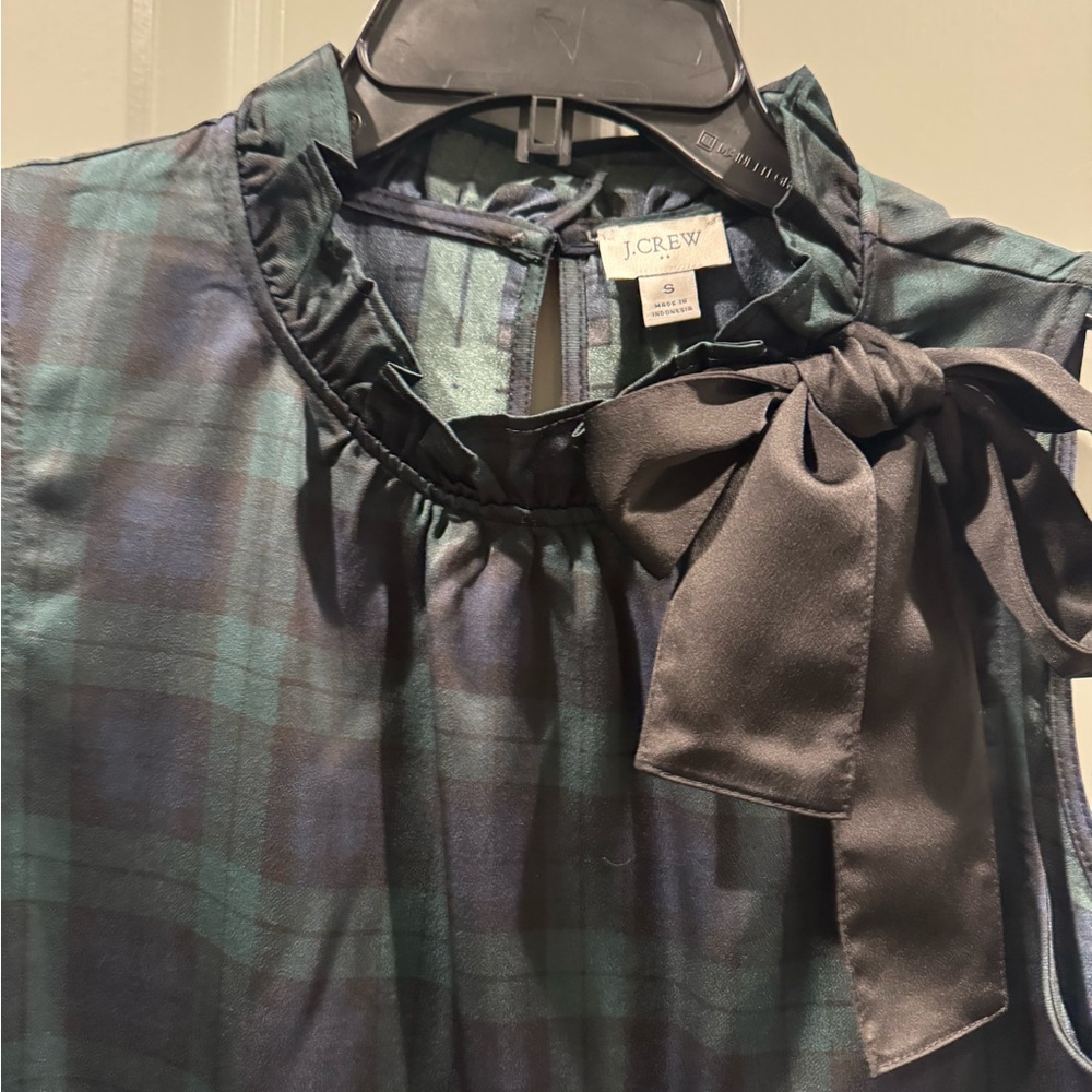 J. Crew Green and Black Plaid Top with Bow